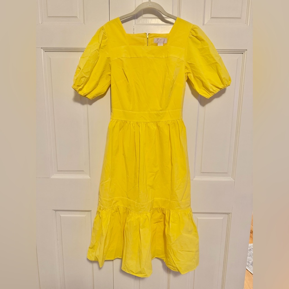 Rachel Parcell Yellow Midi Dress Small Square Neck Puff Sleeve Ruffle Hem - Picture 2 of 8